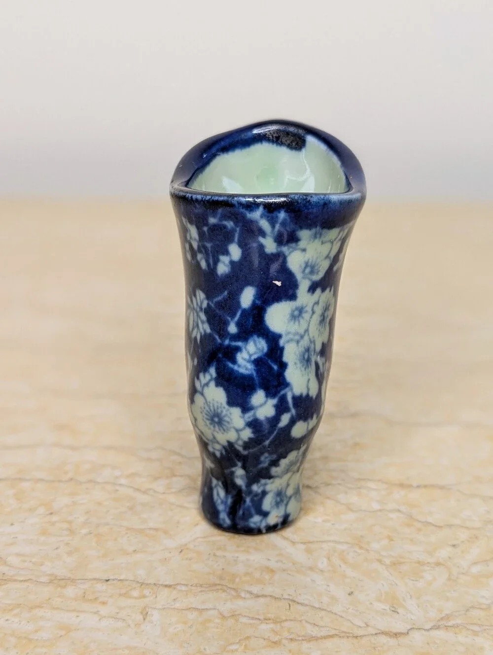 Vintage Ironstone Blue & White Chintz Floral Chinoiserie Mini Boot Vase Stamped
